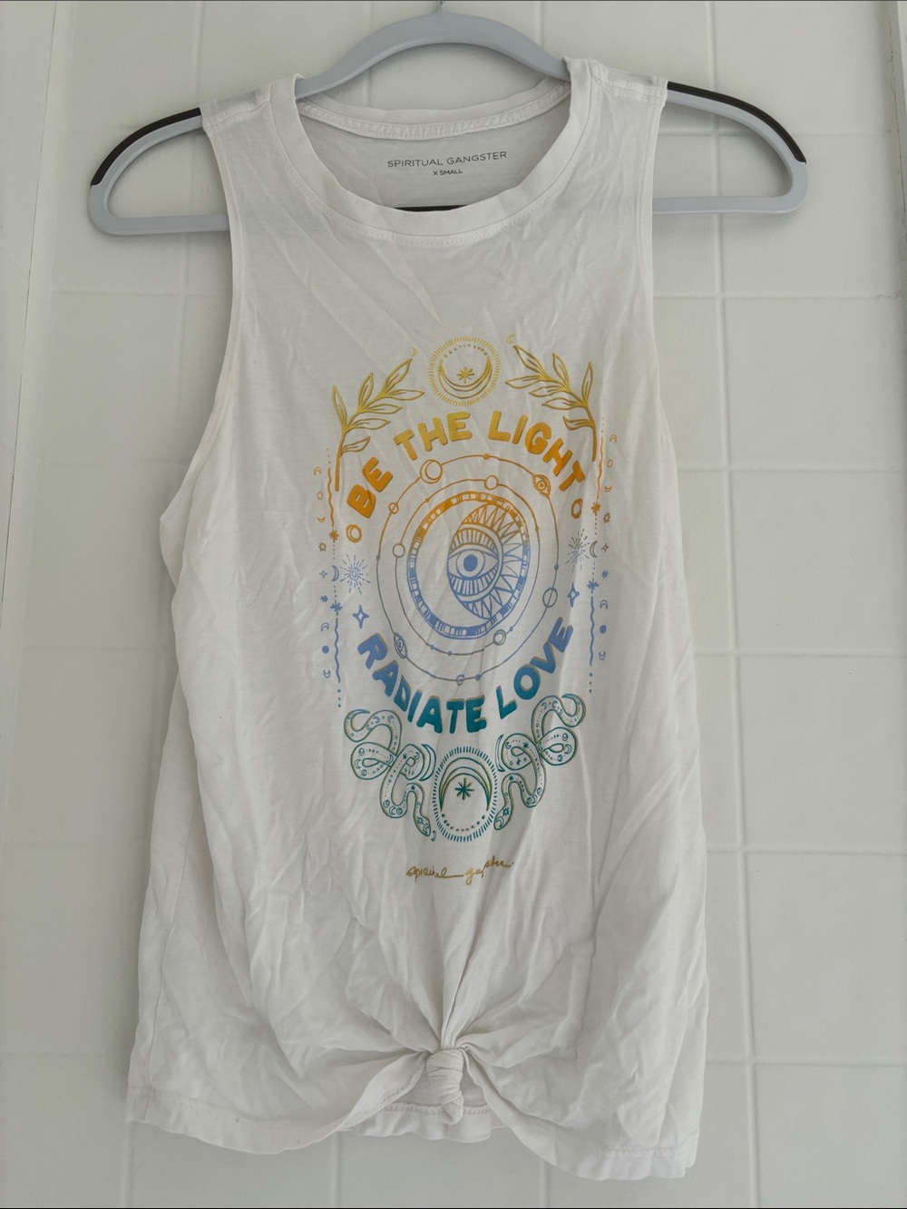 Spiritual Gangster White Tank with Yellow, Blue & Teal 'Be The Light' Graphic